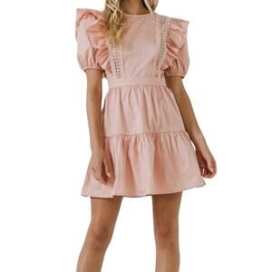 English Factory Women's Lace Inserted Mini Dress with Puff Sleeves Blush Size L